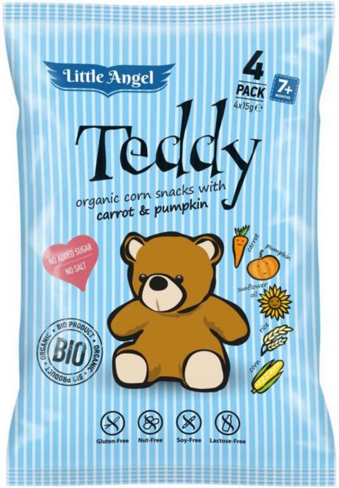 Chrupki kukurydziane mini TEDDY marchew i dynia od 7 miesiąca bezglutenowe BIO 4x15g