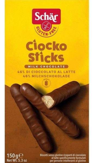 SCHAR bezglutenowe kruche ciasteczka w czekoladzie CIOCKO STICKS 150g