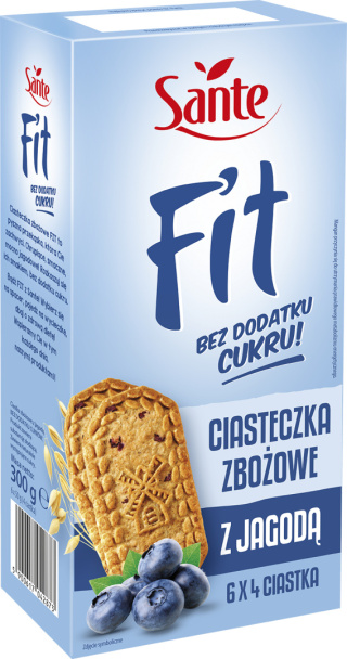 SANTE Fit Ciasteczka Zbożowe z Jagodą Bez Cukru 300g 6x4szt