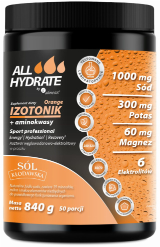 ALLHydrate Elektrolity Sport Professional Orange+aminokwasy 840g 50 porcji